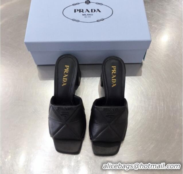 Duplicate Prada Quilted Lambskin Heel Slide Sandals 7cm 050781 Black 2021