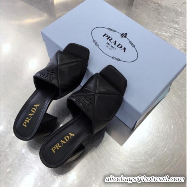 Duplicate Prada Quilted Lambskin Heel Slide Sandals 7cm 050781 Black 2021