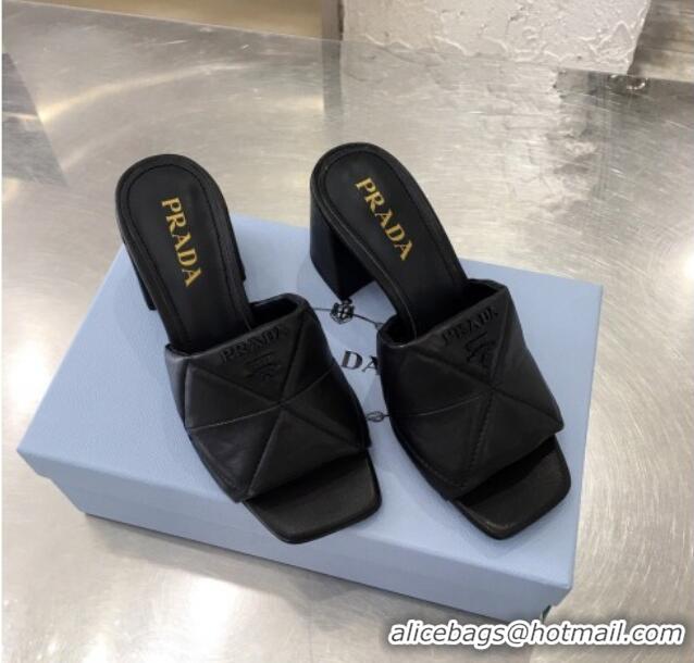 Duplicate Prada Quilted Lambskin Heel Slide Sandals 7cm 050781 Black 2021