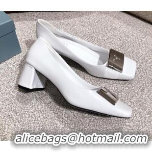 Cute Prada Metallic Logo Leather Pumps 510101 White 2021 