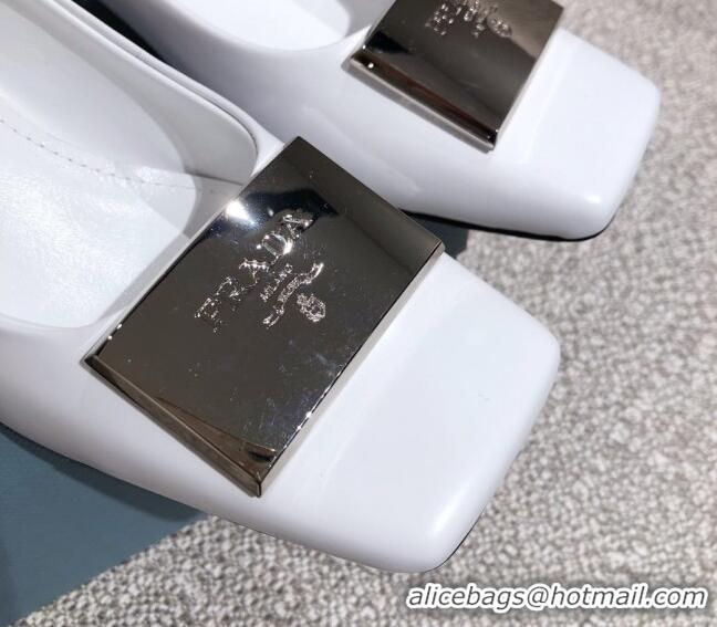 Cute Prada Metallic Logo Leather Pumps 510101 White 2021 