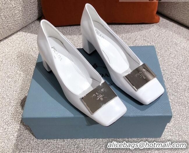 Cute Prada Metallic Logo Leather Pumps 510101 White 2021 