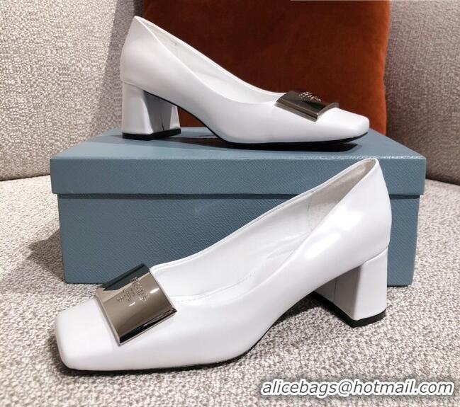 Cute Prada Metallic Logo Leather Pumps 510101 White 2021 