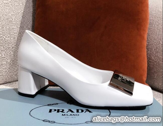 Cute Prada Metallic Logo Leather Pumps 510101 White 2021 