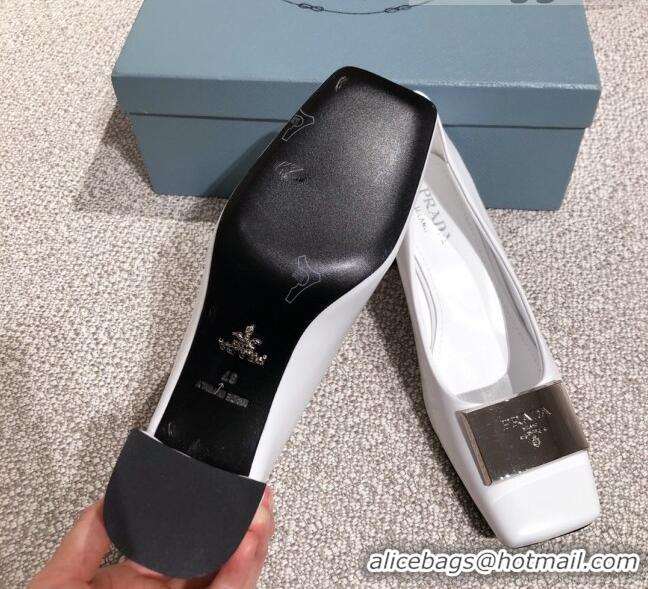 Cute Prada Metallic Logo Leather Pumps 510101 White 2021 