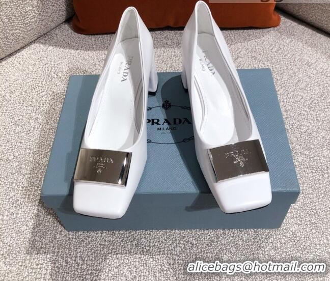 Cute Prada Metallic Logo Leather Pumps 510101 White 2021 