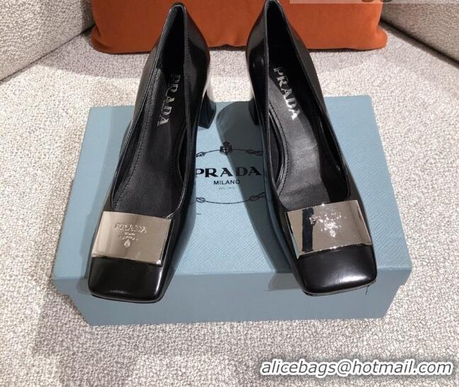 Super Quality Prada Metallic Logo Leather Pumps 510101 Black 2021 