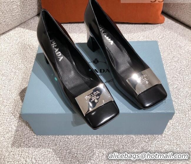 Super Quality Prada Metallic Logo Leather Pumps 510101 Black 2021 