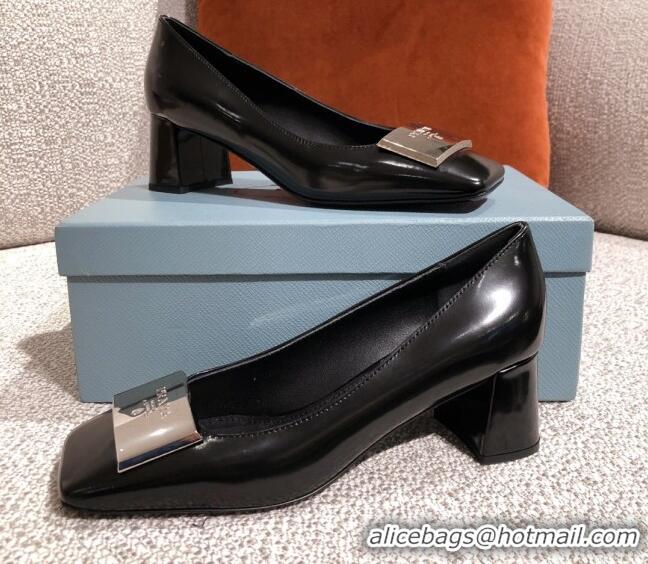 Super Quality Prada Metallic Logo Leather Pumps 510101 Black 2021 