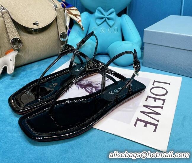 Best Price Prada Patent Leather Flat Thong Sandals 061215 Black 2021