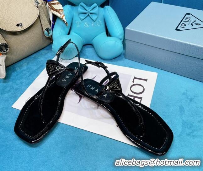 Best Price Prada Patent Leather Flat Thong Sandals 061215 Black 2021