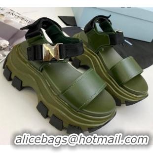 Good Quality Prada Calfskin Platform Sandals with Metal Buckle 061220 Green 2021