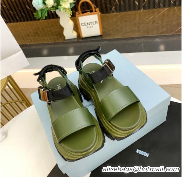 Good Quality Prada Calfskin Platform Sandals with Metal Buckle 061220 Green 2021