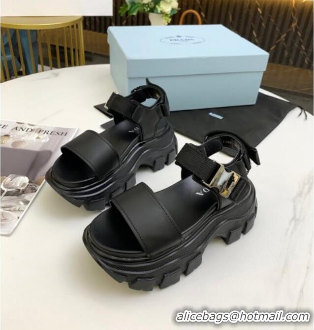 New Fashion Prada Calfskin Platform Sandals with Metal Buckle 061220 Black 2021