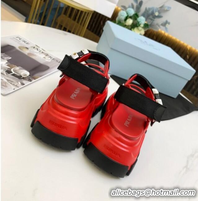 Elegant Prada Calfskin Platform Sandals with Metal Buckle 061220 Red 2021