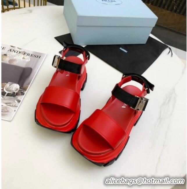 Elegant Prada Calfskin Platform Sandals with Metal Buckle 061220 Red 2021