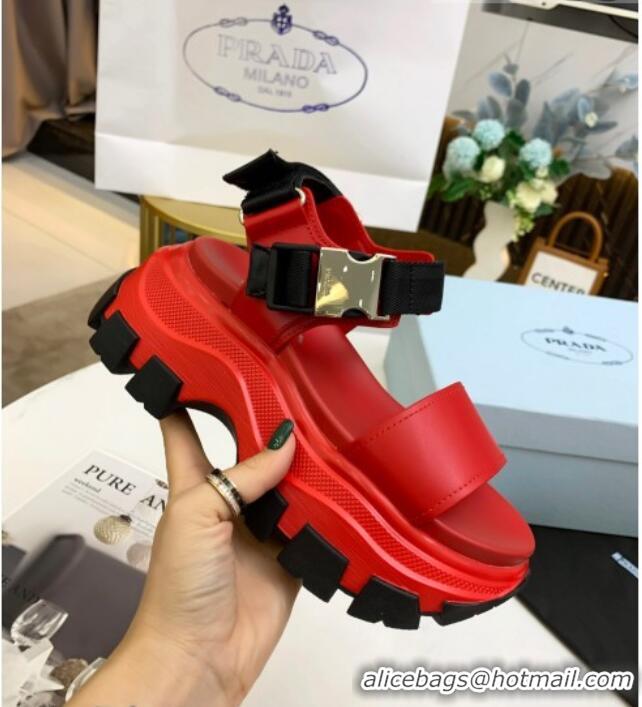 Elegant Prada Calfskin Platform Sandals with Metal Buckle 061220 Red 2021