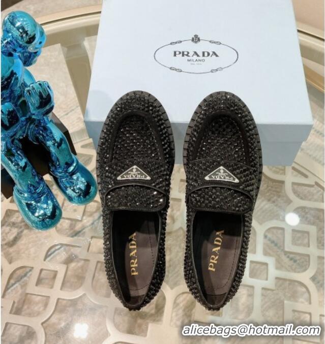 Top Quality Prada Crystal Allover Loafers 070632 Black 2021