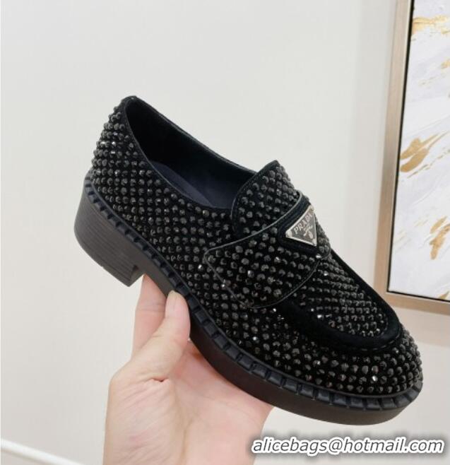 Top Quality Prada Crystal Allover Loafers 070632 Black 2021