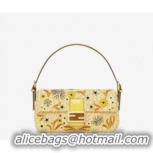 Grade Quality FENDI BAGUETTE 1997 FF Vertigo jacquard bag with embroidery 8BR792 yellow