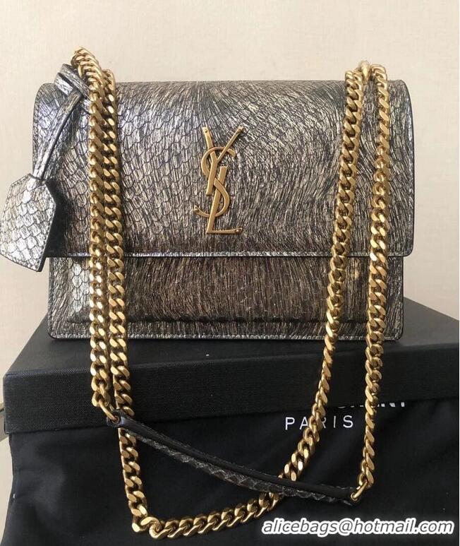 Promotional Yves Saint Laurent SUNSET SMALL CHAIN BAG IN SHINY SCALE-EMBOSSED LEATHER Y544296 Grey