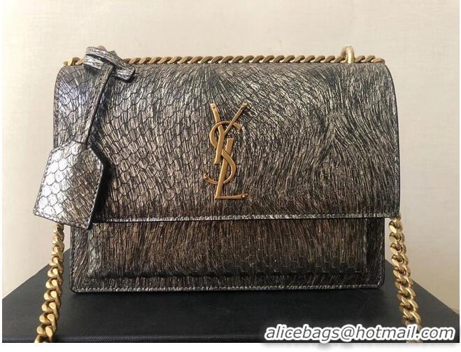 Promotional Yves Saint Laurent SUNSET SMALL CHAIN BAG IN SHINY SCALE-EMBOSSED LEATHER Y544296 Grey