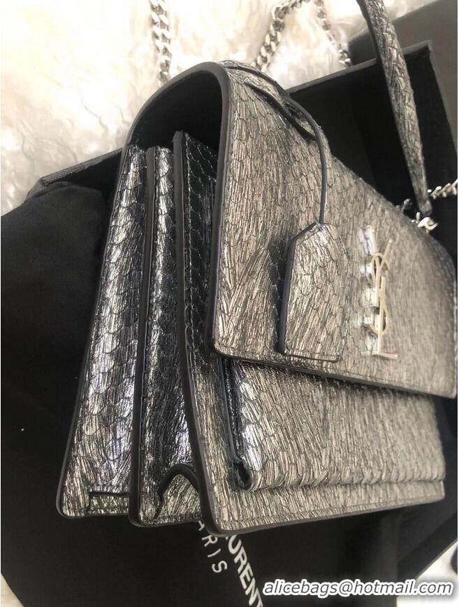 Good Product Yves Saint Laurent SUNSET SMALL CHAIN BAG IN SHINY SCALE-EMBOSSED LEATHER Y544296 Silver