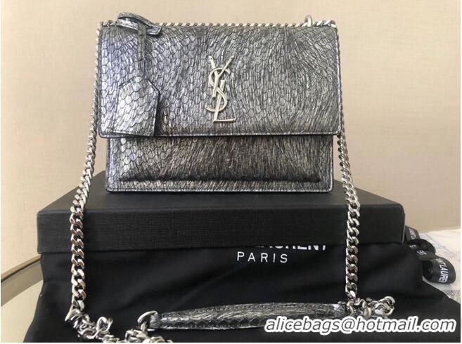 Good Product Yves Saint Laurent SUNSET SMALL CHAIN BAG IN SHINY SCALE-EMBOSSED LEATHER Y544296 Silver