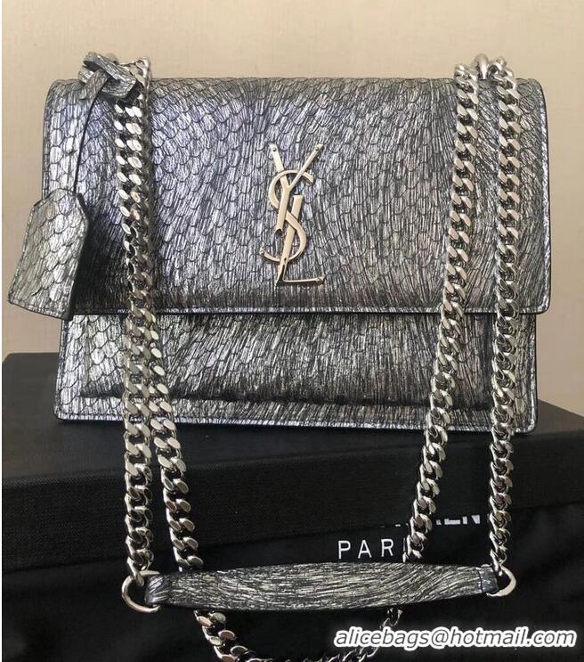 Good Product Yves Saint Laurent SUNSET SMALL CHAIN BAG IN SHINY SCALE-EMBOSSED LEATHER Y544296 Silver