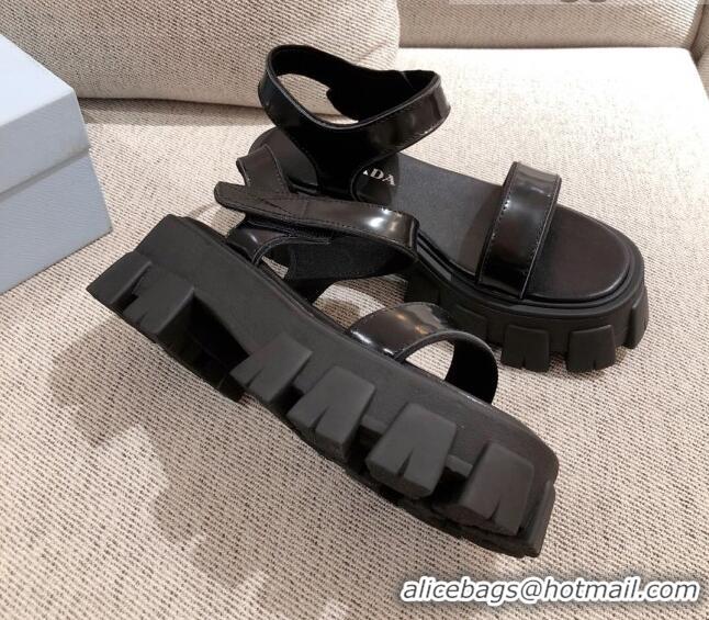 Good Product Prada Leather Block Sole Sandals 071272 Black 2021