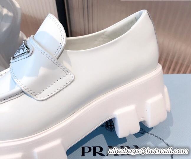 New Fashion Prada Monolith Brushed Leather Pointed Loafers 071274 White 2021