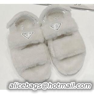 Low Price Prada Shearling Wool Flat Sandals 071437 White 2021