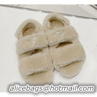 Super Quality Prada Shearling Wool Flat Sandals 071438 Beige 2021