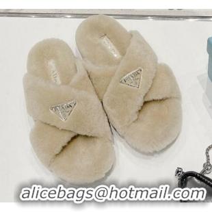 New Design Prada Shearling Wool Cross Slide Sandals 071440 Beige 2021