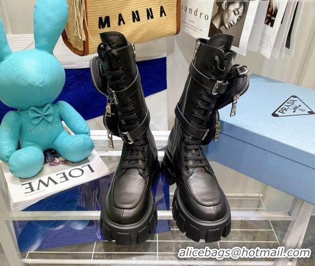 Top Quality Prada Monolith Brushed Leather Boots with Nylon Pouches 081120 Black