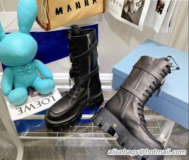 Top Quality Prada Monolith Brushed Leather Boots with Nylon Pouches 081120 Black