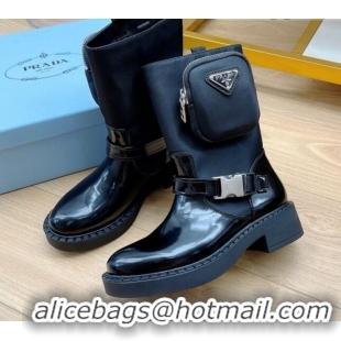 Low Price Prada Monolith Brushed Leather and Nylon Boots with Pouch 081133 Black