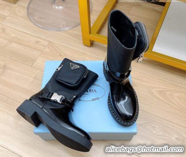 Low Price Prada Monolith Brushed Leather and Nylon Boots with Pouch 081133 Black