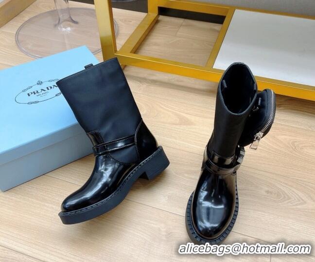 Low Price Prada Monolith Brushed Leather and Nylon Boots with Pouch 081133 Black