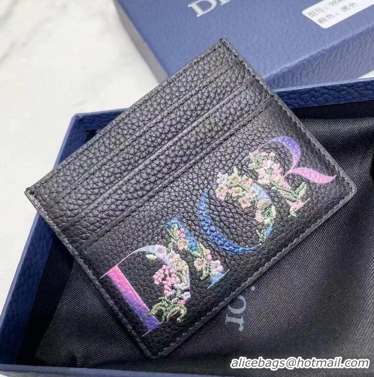 Grade Dior Original Calfskin Leather With Logo Embroidery Card Holder CD1321 Black