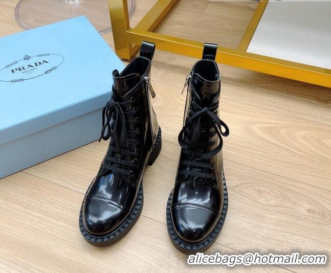 Top Quality Prada Brushed Leather Laced Boots 081135 Black 2021