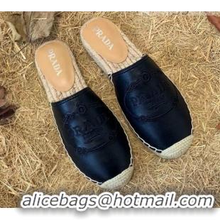 Best Quality Prada Lambskin Logo Embroidered Espadrille Mules 081305 Black 2021