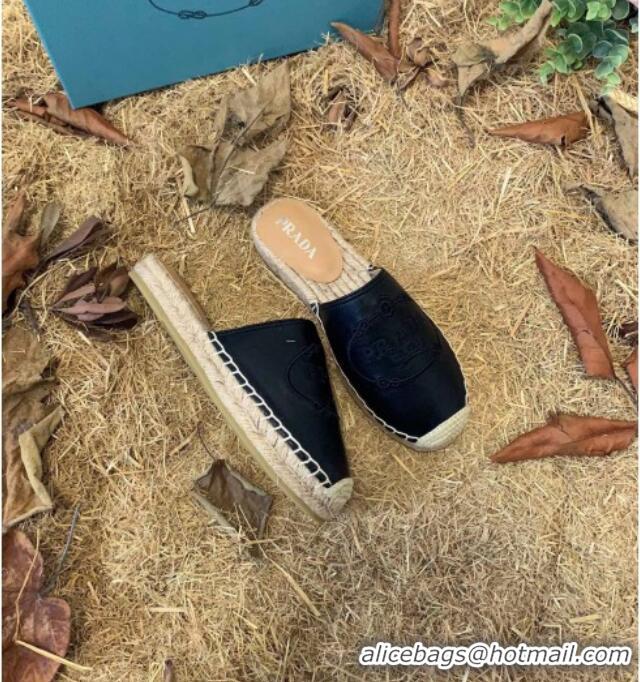 Best Quality Prada Lambskin Logo Embroidered Espadrille Mules 081305 Black 2021