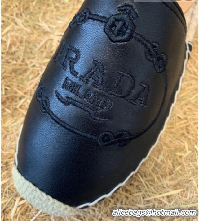 Best Quality Prada Lambskin Logo Embroidered Espadrille Mules 081305 Black 2021