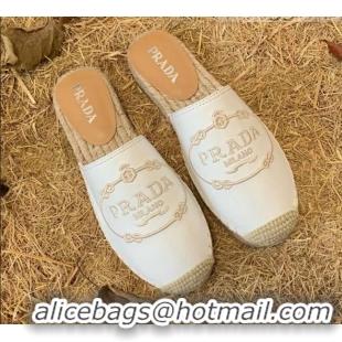 Top Quality Prada Lambskin Logo Embroidered Espadrille Mules 081305 White 2021