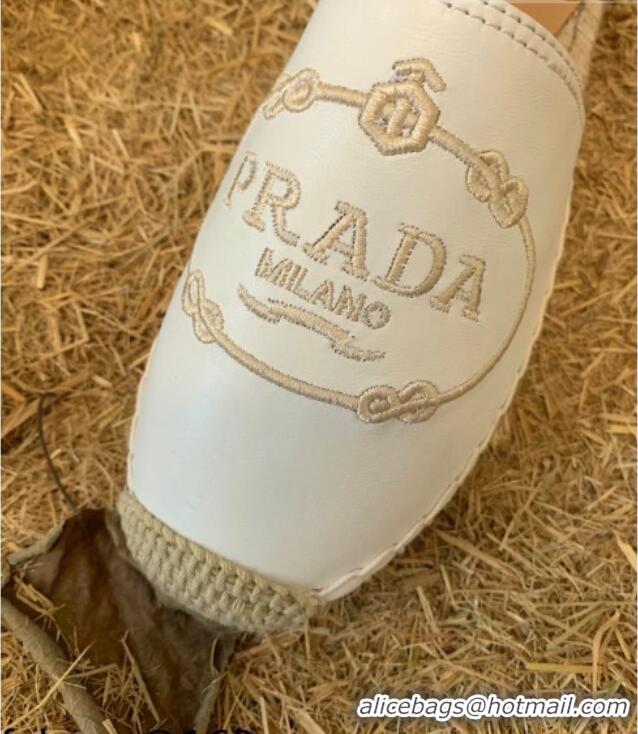 Top Quality Prada Lambskin Logo Embroidered Espadrille Mules 081305 White 2021