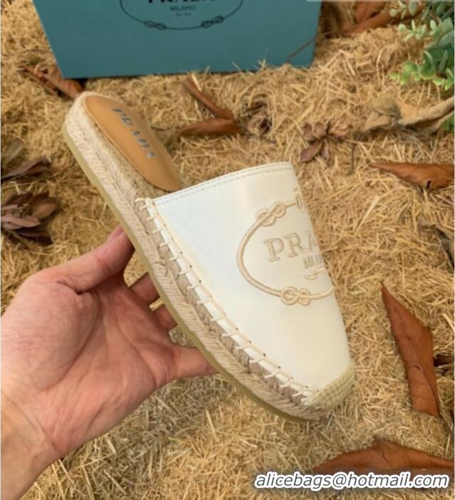 Top Quality Prada Lambskin Logo Embroidered Espadrille Mules 081305 White 2021