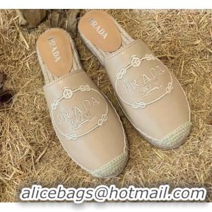 Super Quality Prada Lambskin Logo Embroidered Espadrille Mules 081305 Beige 2021