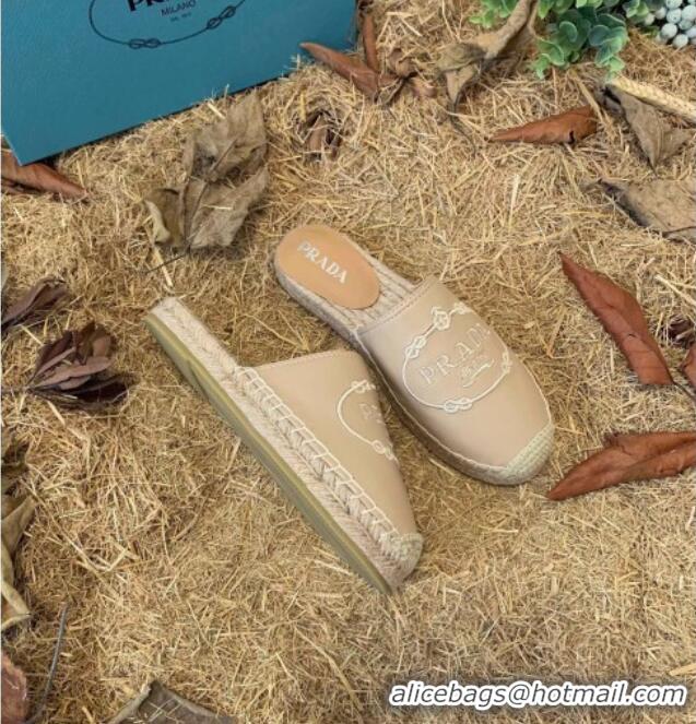 Super Quality Prada Lambskin Logo Embroidered Espadrille Mules 081305 Beige 2021