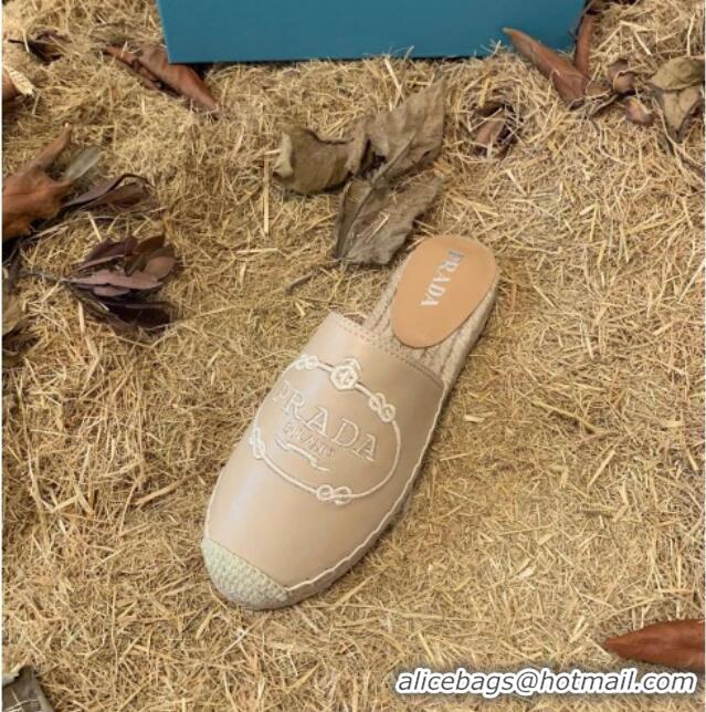 Super Quality Prada Lambskin Logo Embroidered Espadrille Mules 081305 Beige 2021